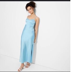 Wild Fable Women's Large Baby Blue Satin Slip Dress Midi Evening Party Cocktail‎